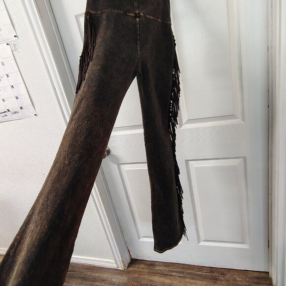 BROWN LEGGINGS WITH FRINGE ON THE SIDES MEDIUM - Picture 1 of 3